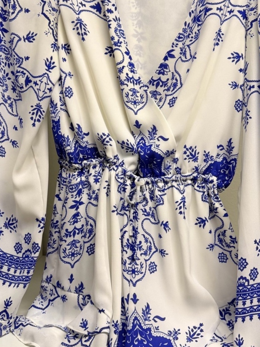 Lovers + Friends White & Cobalt Blue Patterned Romper Size S